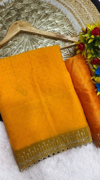 Mayawye Women's Georgette Stone Work Saree With Unstitched Blouse 5.5Mtr (Yellow)