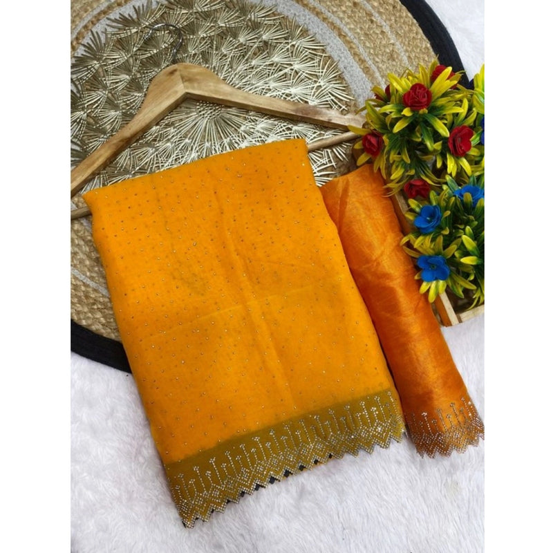 Mayawye Women's Georgette Stone Work Saree With Unstitched Blouse 5.5Mtr (Yellow)
