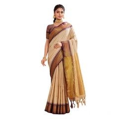 Mayawye Women's Silk Blended Jaquard Woven Saree With Unstitched Blouse 5.5Mtr (Beige)