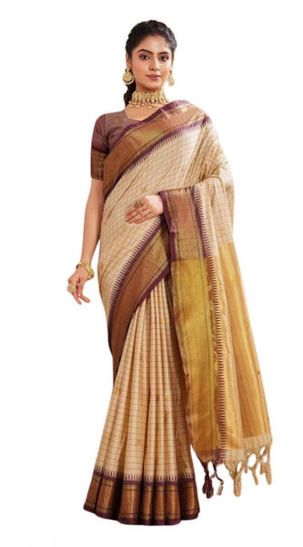 Mayawye Women's Silk Blended Jaquard Woven Saree With Unstitched Blouse 5.5Mtr (Beige)