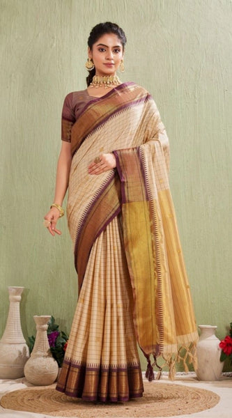 Mayawye Women's Silk Blended Jaquard Woven Saree With Unstitched Blouse 5.5Mtr (Beige)