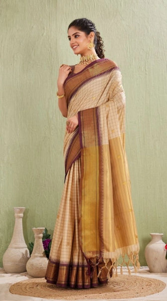 Mayawye Women's Silk Blended Jaquard Woven Saree With Unstitched Blouse 5.5Mtr (Beige)