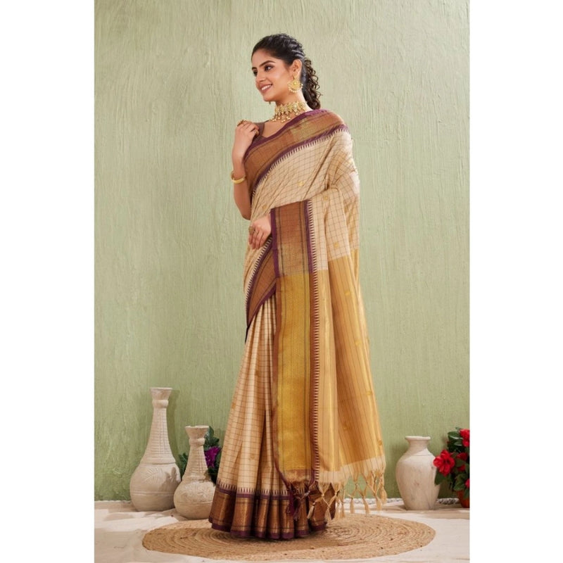 Mayawye Women's Silk Blended Jaquard Woven Saree With Unstitched Blouse 5.5Mtr (Beige)