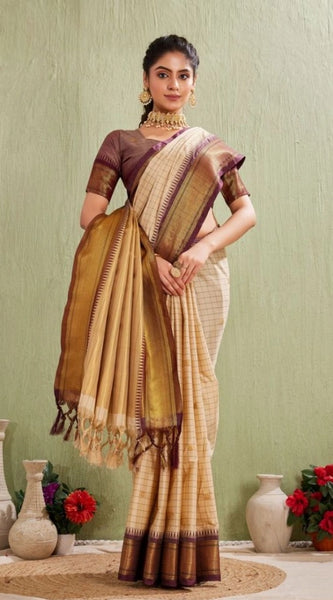 Mayawye Women's Silk Blended Jaquard Woven Saree With Unstitched Blouse 5.5Mtr (Beige)