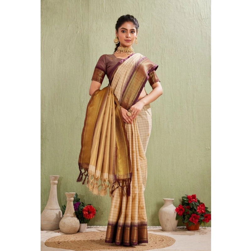 Mayawye Women's Silk Blended Jaquard Woven Saree With Unstitched Blouse 5.5Mtr (Beige)