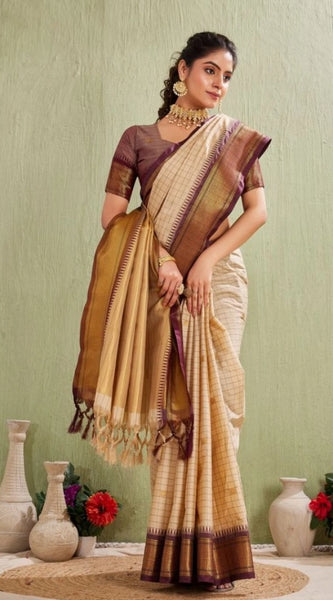 Mayawye Women's Silk Blended Jaquard Woven Saree With Unstitched Blouse 5.5Mtr (Beige)
