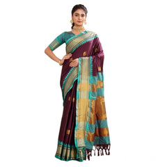 Mayawye Women's Silk Blended Jaquard Woven Saree With Unstitched Blouse 5.5Mtr (Purple)