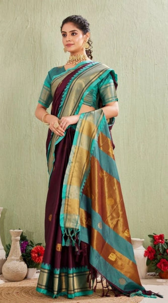 Mayawye Women's Silk Blended Jaquard Woven Saree With Unstitched Blouse 5.5Mtr (Purple)