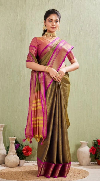 Mayawye Women's Silk Blended Jaquard Woven Saree With Unstitched Blouse 5.5Mtr (Green)
