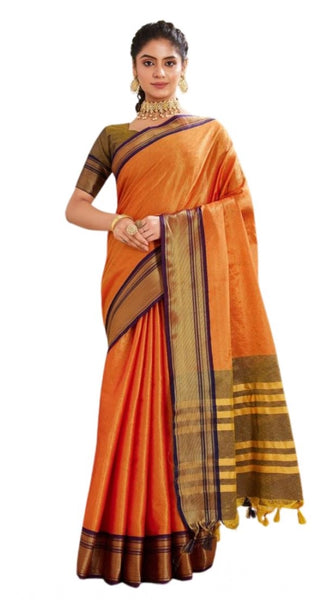 Mayawye Women's Silk Blended Jaquard Woven Saree With Unstitched Blouse 5.5Mtr (Orange)