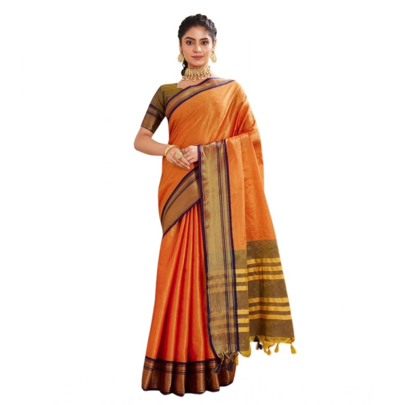 Mayawye Women's Silk Blended Jaquard Woven Saree With Unstitched Blouse 5.5Mtr (Orange)