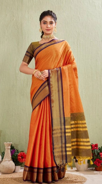 Mayawye Women's Silk Blended Jaquard Woven Saree With Unstitched Blouse 5.5Mtr (Orange)