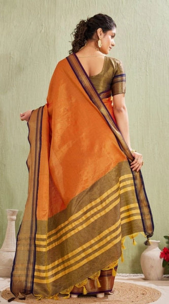 Mayawye Women's Silk Blended Jaquard Woven Saree With Unstitched Blouse 5.5Mtr (Orange)