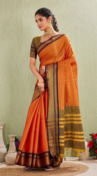 Mayawye Women's Silk Blended Jaquard Woven Saree With Unstitched Blouse 5.5Mtr (Orange)
