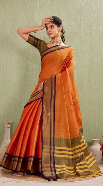 Mayawye Women's Silk Blended Jaquard Woven Saree With Unstitched Blouse 5.5Mtr (Orange)
