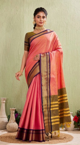 Mayawye Women's Silk Blended Jaquard Woven Saree With Unstitched Blouse 5.5Mtr (Pink)