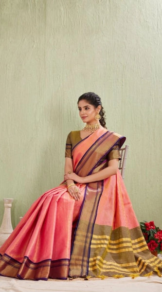 Mayawye Women's Silk Blended Jaquard Woven Saree With Unstitched Blouse 5.5Mtr (Pink)