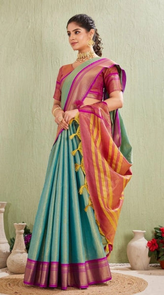 Mayawye Women's Silk Blended Jaquard Woven Saree With Unstitched Blouse 5.5Mtr (Light Green)