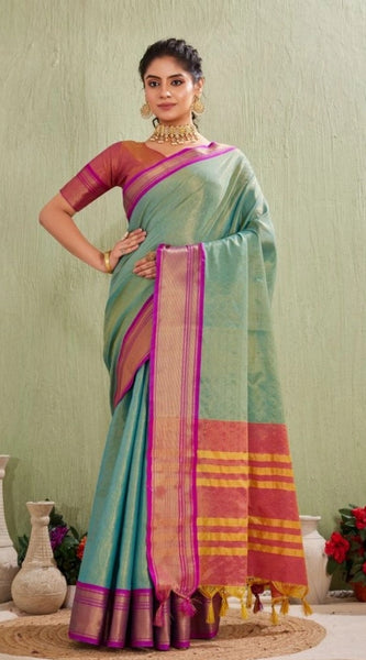Mayawye Women's Silk Blended Jaquard Woven Saree With Unstitched Blouse 5.5Mtr (Light Green)
