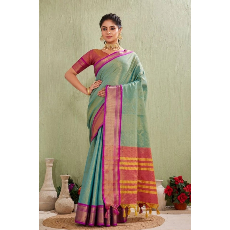 Mayawye Women's Silk Blended Jaquard Woven Saree With Unstitched Blouse 5.5Mtr (Light Green)
