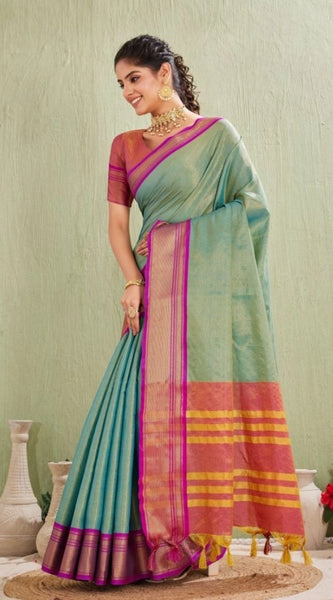 Mayawye Women's Silk Blended Jaquard Woven Saree With Unstitched Blouse 5.5Mtr (Light Green)