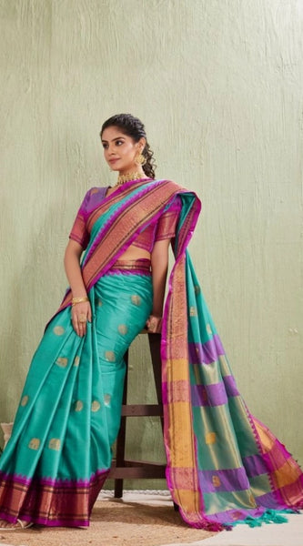 Mayawye Women's Silk Blended Jaquard Woven Saree With Unstitched Blouse 5.5Mtr (Light Blue)