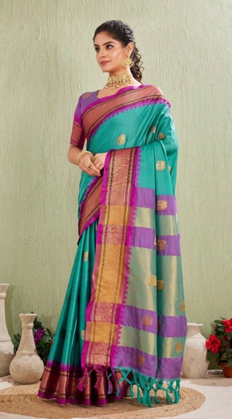 Mayawye Women's Silk Blended Jaquard Woven Saree With Unstitched Blouse 5.5Mtr (Light Blue)