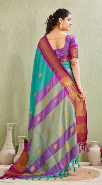 Mayawye Women's Silk Blended Jaquard Woven Saree With Unstitched Blouse 5.5Mtr (Light Blue)