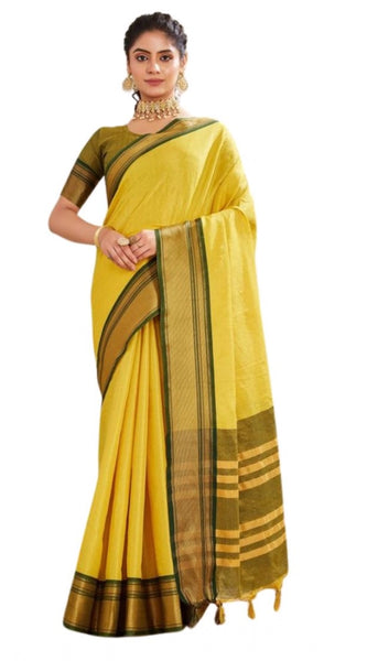 Mayawye Women's Silk Blended Jaquard Woven Saree With Unstitched Blouse 5.5Mtr (Yellow)