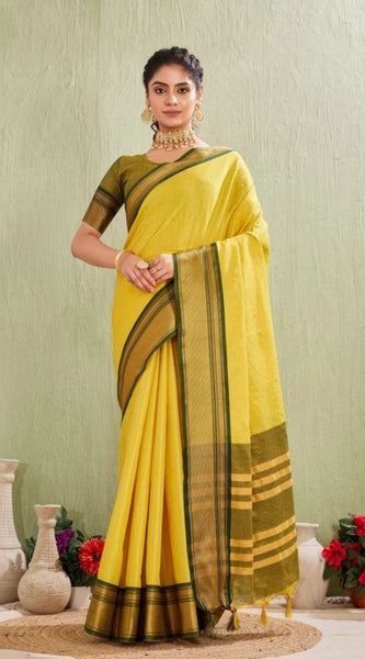 Mayawye Women's Silk Blended Jaquard Woven Saree With Unstitched Blouse 5.5Mtr (Yellow)