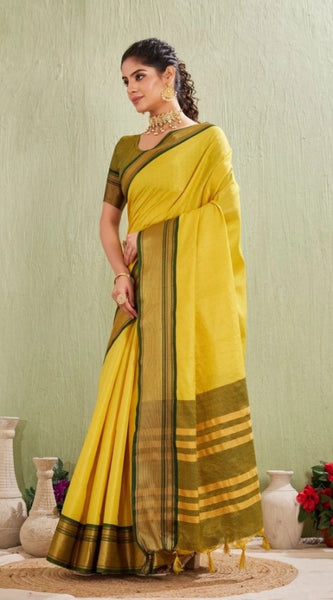 Mayawye Women's Silk Blended Jaquard Woven Saree With Unstitched Blouse 5.5Mtr (Yellow)