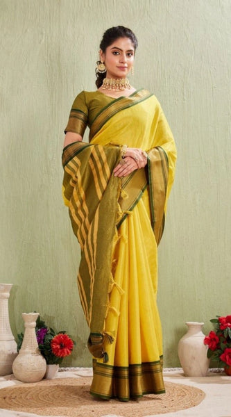 Mayawye Women's Silk Blended Jaquard Woven Saree With Unstitched Blouse 5.5Mtr (Yellow)