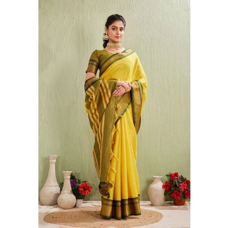 Mayawye Women's Silk Blended Jaquard Woven Saree With Unstitched Blouse 5.5Mtr (Yellow)