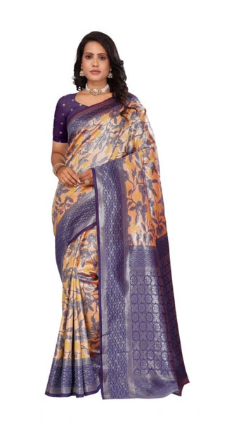 Mayawye Women's Banarasi Silk Jaquard Woven Saree With Unstitched Blouse 5.5Mtr (Orange)