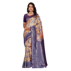 Mayawye Women's Banarasi Silk Jaquard Woven Saree With Unstitched Blouse 5.5Mtr (Orange)
