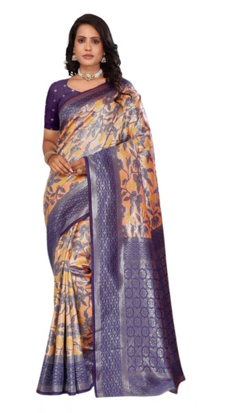 Mayawye Women's Banarasi Silk Jaquard Woven Saree With Unstitched Blouse 5.5Mtr (Orange)