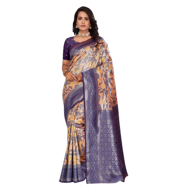 Mayawye Women's Banarasi Silk Jaquard Woven Saree With Unstitched Blouse 5.5Mtr (Orange)