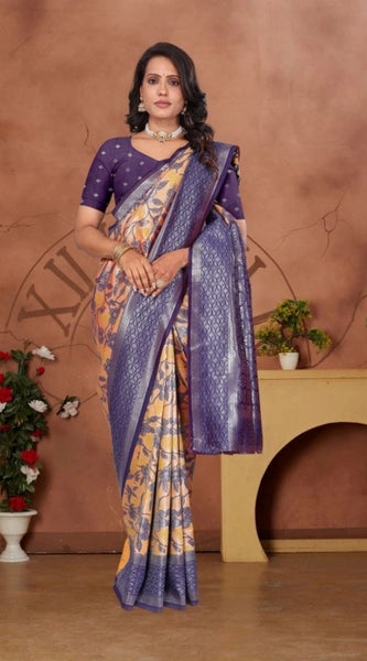 Mayawye Women's Banarasi Silk Jaquard Woven Saree With Unstitched Blouse 5.5Mtr (Orange)