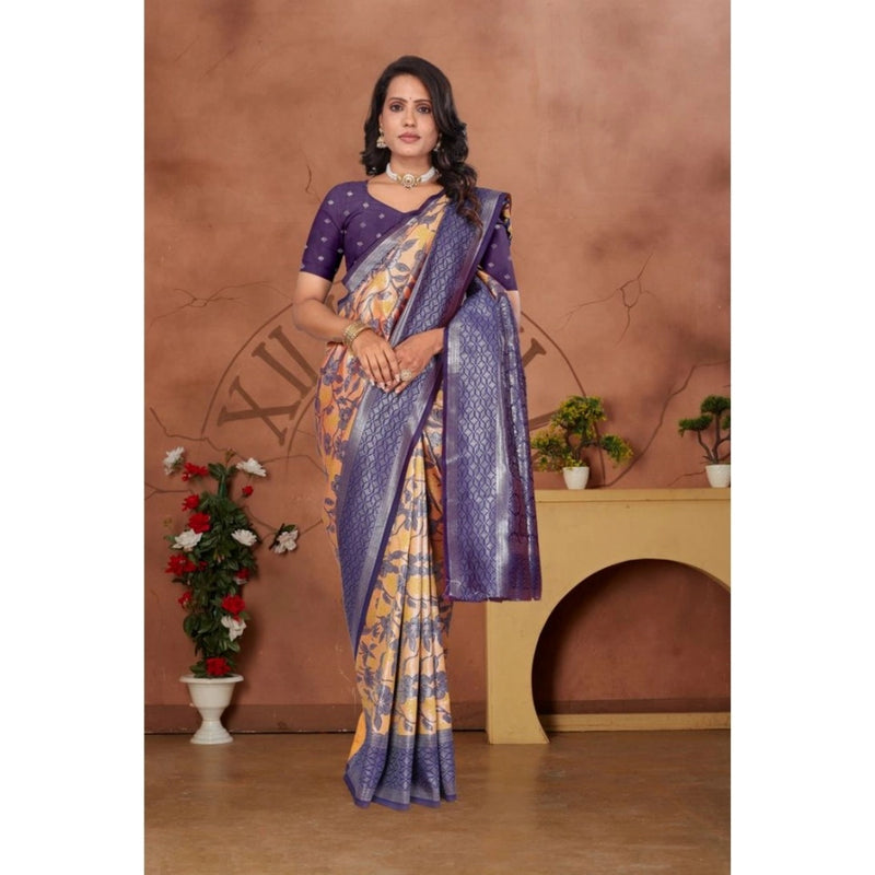 Mayawye Women's Banarasi Silk Jaquard Woven Saree With Unstitched Blouse 5.5Mtr (Orange)