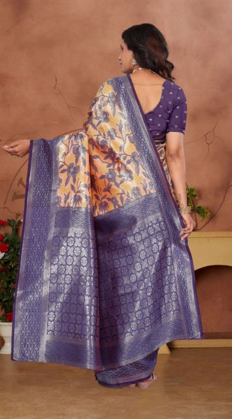 Mayawye Women's Banarasi Silk Jaquard Woven Saree With Unstitched Blouse 5.5Mtr (Orange)
