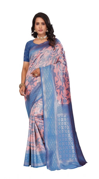 Mayawye Women's Banarasi Silk Jaquard Woven Saree With Unstitched Blouse 5.5Mtr (Pink)