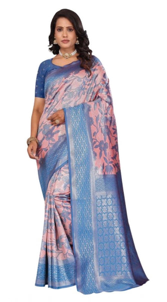 Mayawye Women's Banarasi Silk Jaquard Woven Saree With Unstitched Blouse 5.5Mtr (Pink)