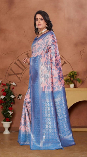 Mayawye Women's Banarasi Silk Jaquard Woven Saree With Unstitched Blouse 5.5Mtr (Pink)