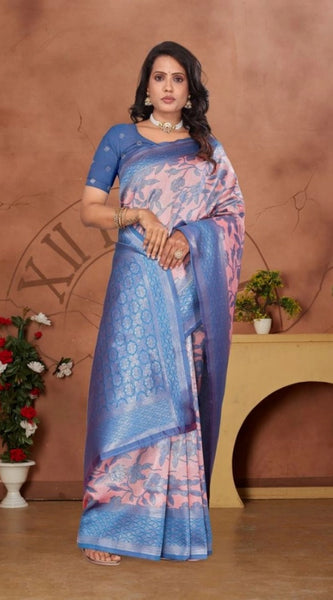 Mayawye Women's Banarasi Silk Jaquard Woven Saree With Unstitched Blouse 5.5Mtr (Pink)