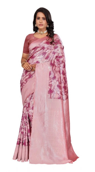 Mayawye Women's Banarasi Silk Jaquard Woven Saree With Unstitched Blouse 5.5Mtr (Pink)