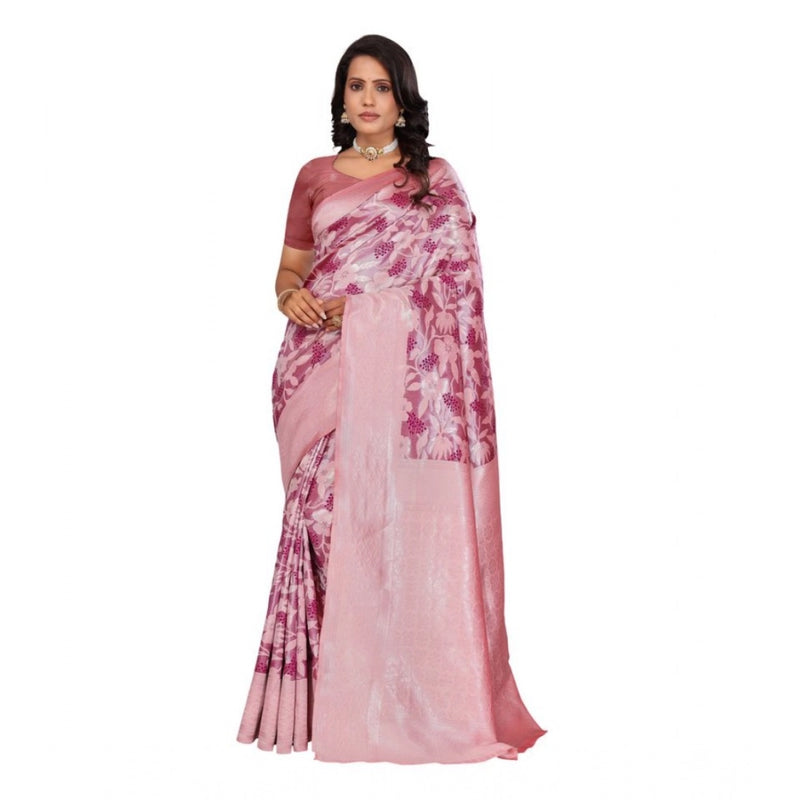 Mayawye Women's Banarasi Silk Jaquard Woven Saree With Unstitched Blouse 5.5Mtr (Pink)