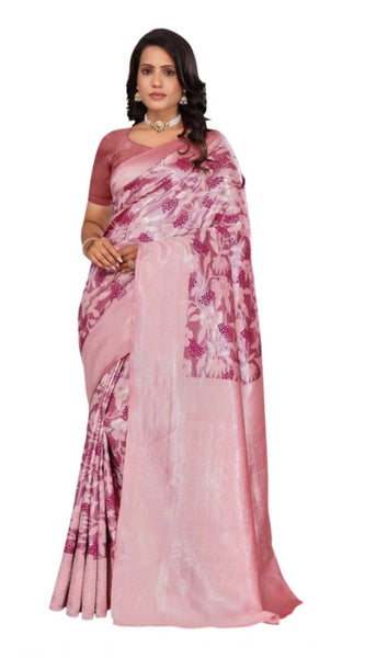 Mayawye Women's Banarasi Silk Jaquard Woven Saree With Unstitched Blouse 5.5Mtr (Pink)