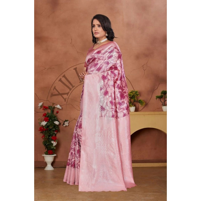 Mayawye Women's Banarasi Silk Jaquard Woven Saree With Unstitched Blouse 5.5Mtr (Pink)