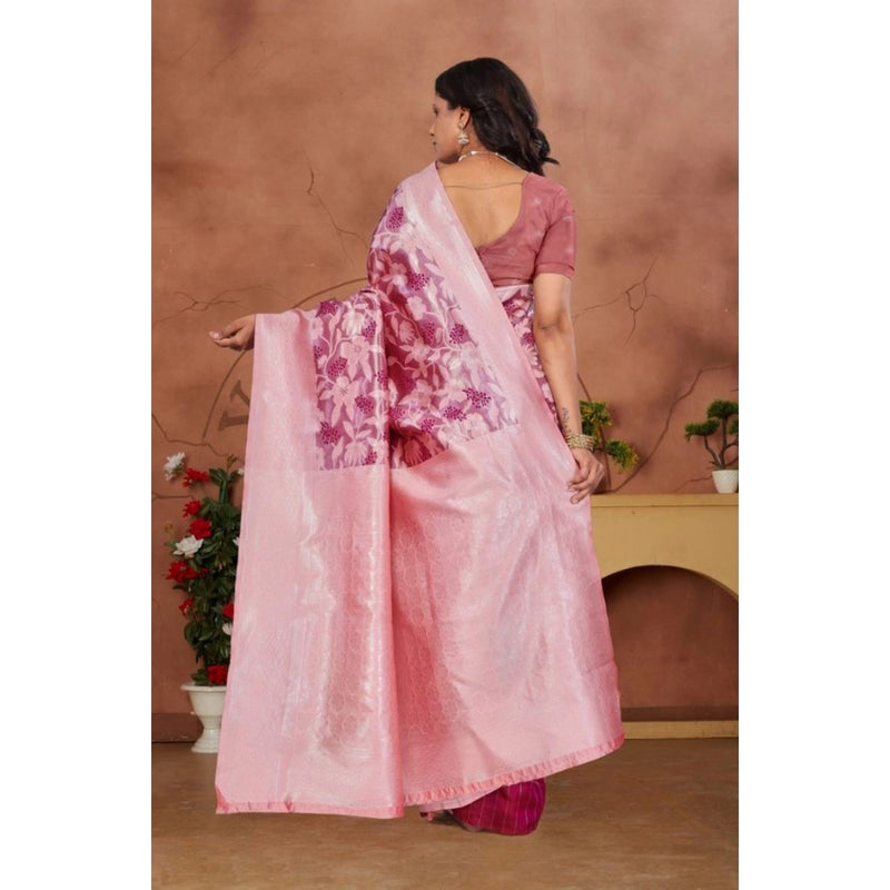 Mayawye Women's Banarasi Silk Jaquard Woven Saree With Unstitched Blouse 5.5Mtr (Pink)