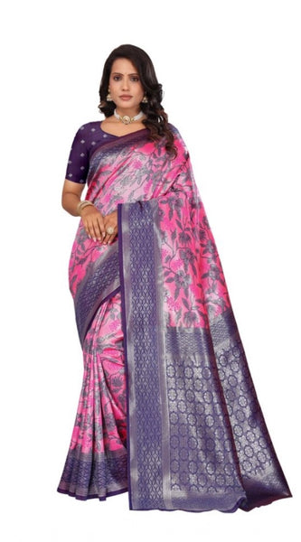 Mayawye Women's Banarasi Silk Jaquard Woven Saree With Unstitched Blouse 5.5Mtr (Pink)